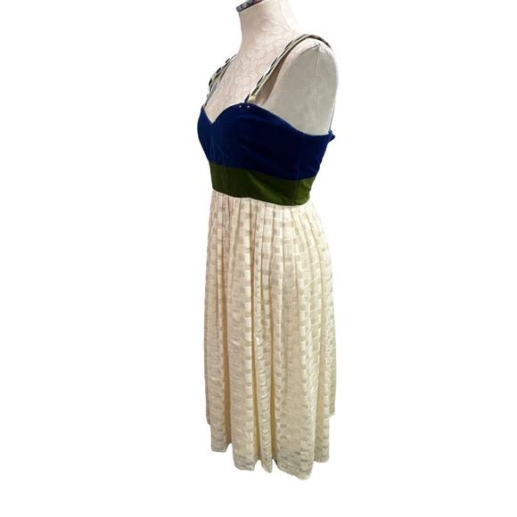 Size 6 Madchen Dress Velvet Colorblock Cream Skirt Blue Green Bodice - Picture 5 of 11